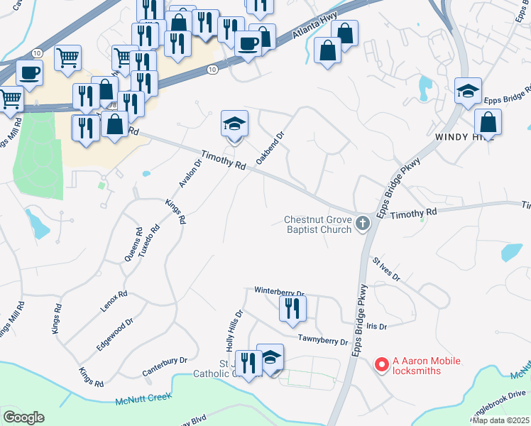 map of restaurants, bars, coffee shops, grocery stores, and more near 1785 Timothy Road in Athens