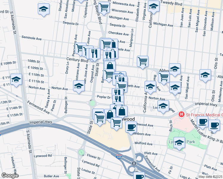 map of restaurants, bars, coffee shops, grocery stores, and more near 10819 Long Beach Boulevard in Lynwood