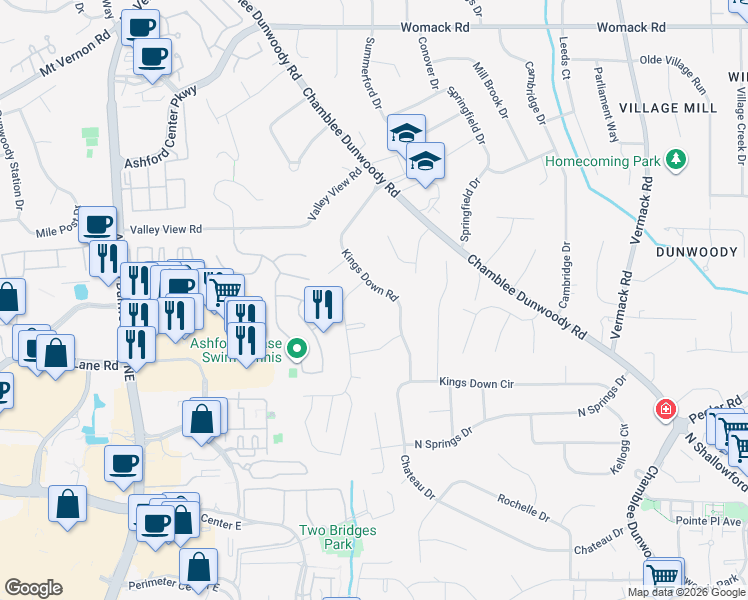 map of restaurants, bars, coffee shops, grocery stores, and more near 4719 Kings Down Road in Dunwoody