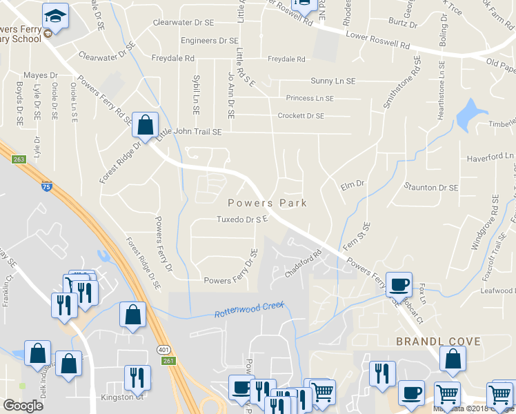 map of restaurants, bars, coffee shops, grocery stores, and more near 866 Bonnie Glen Drive Southeast in Marietta