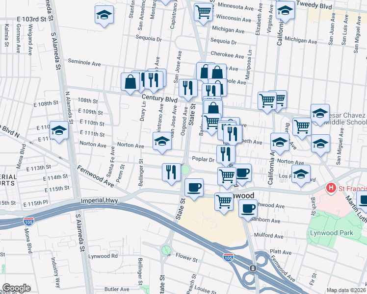 map of restaurants, bars, coffee shops, grocery stores, and more near 10813 State Street in Lynwood