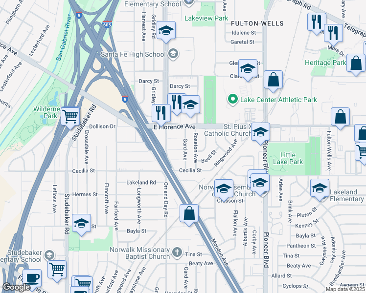 map of restaurants, bars, coffee shops, grocery stores, and more near 10921 Gard Avenue in Santa Fe Springs