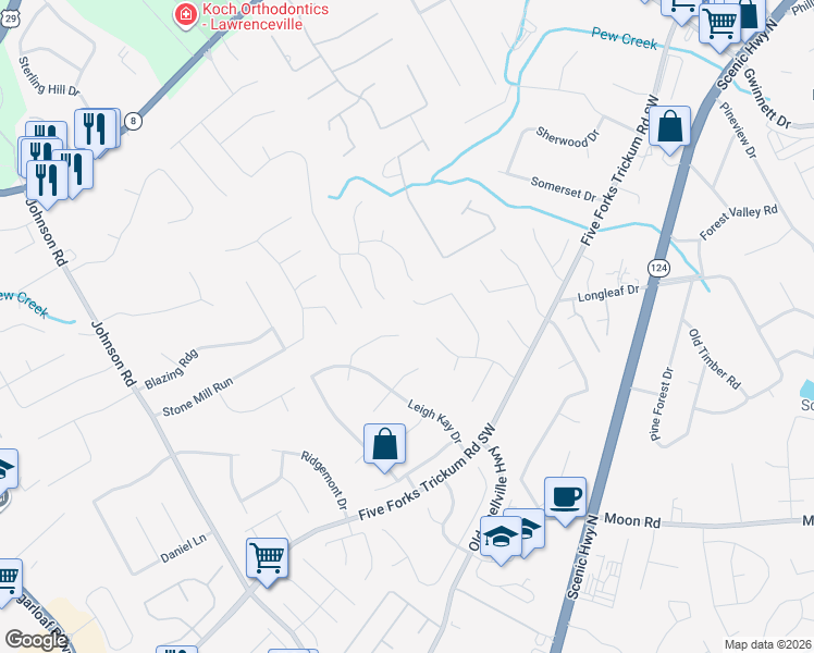 map of restaurants, bars, coffee shops, grocery stores, and more near 610 Thornbush Trce in Lawrenceville