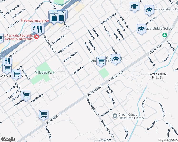 map of restaurants, bars, coffee shops, grocery stores, and more near 6954 Viking Court in Riverside