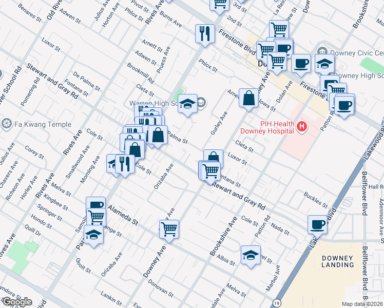 map of restaurants, bars, coffee shops, grocery stores, and more near 11816 La Reina Avenue in Downey