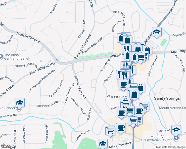 map of restaurants, bars, coffee shops, grocery stores, and more near 105 Whispering Way Northeast in Atlanta