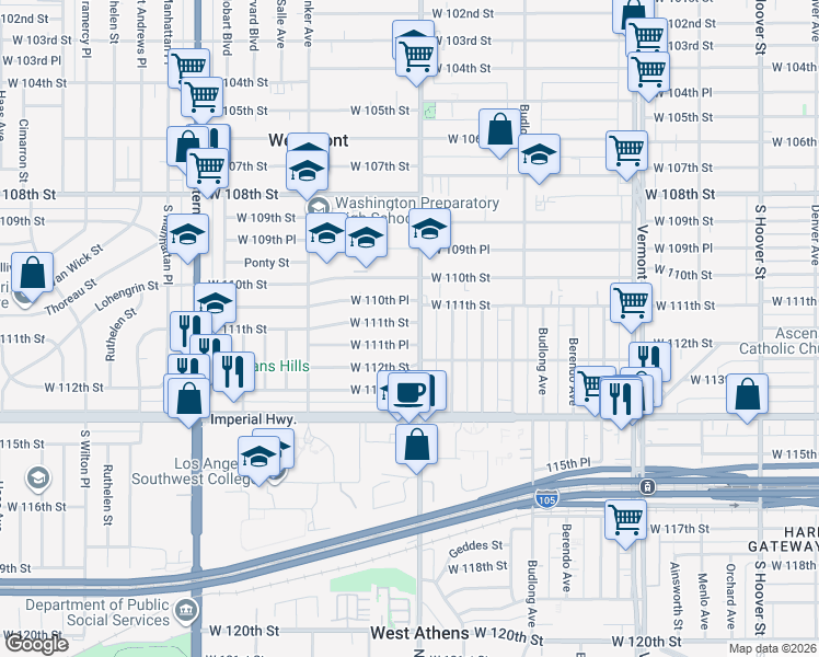 map of restaurants, bars, coffee shops, grocery stores, and more near 1408 West 111th Street in Los Angeles