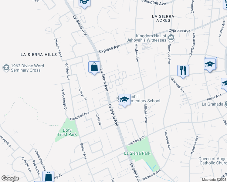 map of restaurants, bars, coffee shops, grocery stores, and more near 11027 Fairfield Court in Riverside