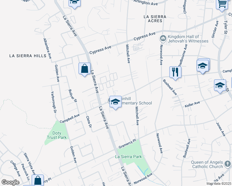 map of restaurants, bars, coffee shops, grocery stores, and more near 10945 Campbell Avenue in Riverside