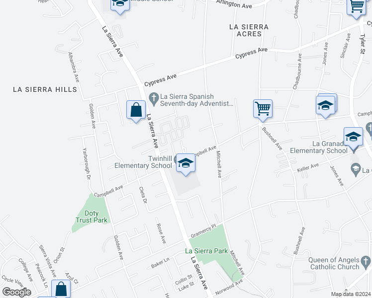 map of restaurants, bars, coffee shops, grocery stores, and more near 10945 Campbell Avenue in Riverside