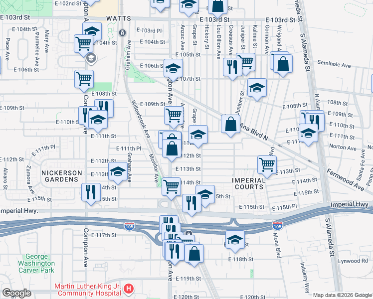 map of restaurants, bars, coffee shops, grocery stores, and more near 1940 East 111th Street in Los Angeles