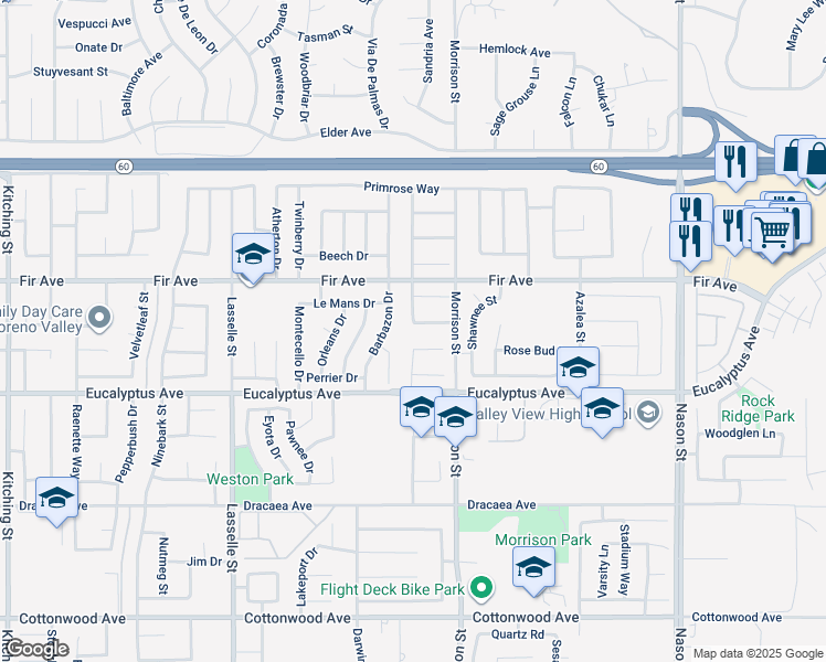 map of restaurants, bars, coffee shops, grocery stores, and more near 26425 Coconut Lane in Moreno Valley