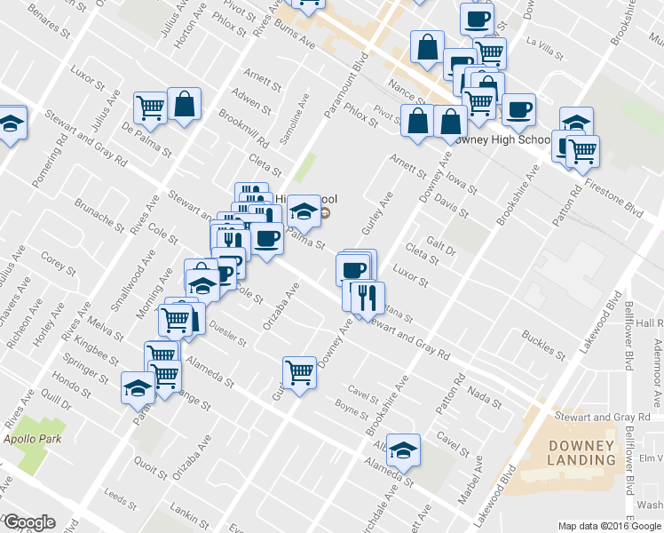 map of restaurants, bars, coffee shops, grocery stores, and more near 11816 La Reina Avenue in Downey
