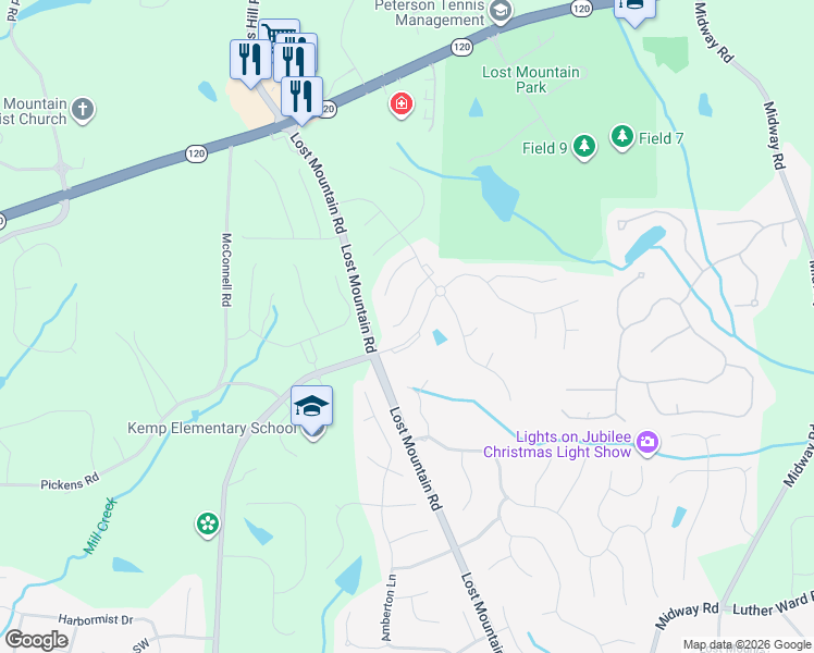 map of restaurants, bars, coffee shops, grocery stores, and more near 5147 Castlehaven Bend in Powder Springs