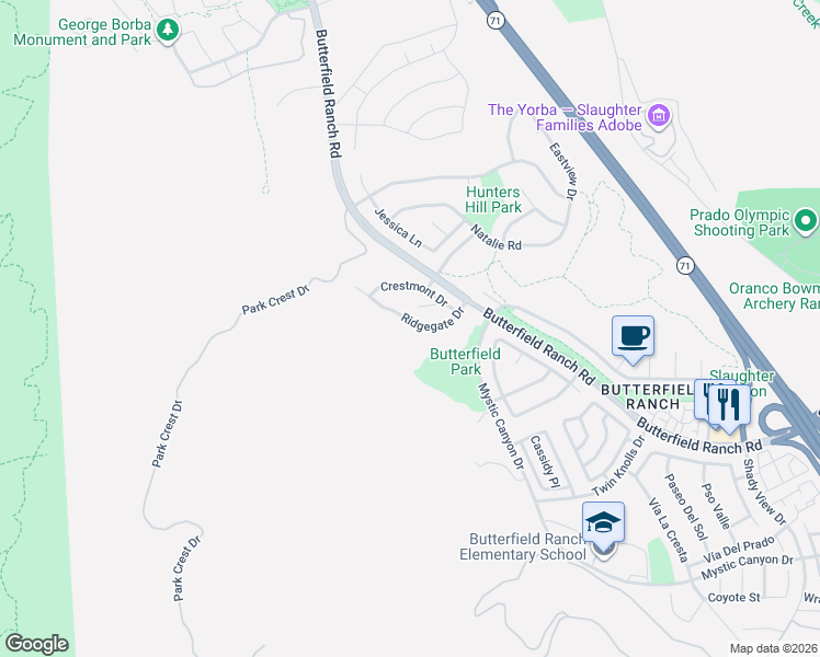 map of restaurants, bars, coffee shops, grocery stores, and more near 5953 Ridgegate Drive in Chino Hills
