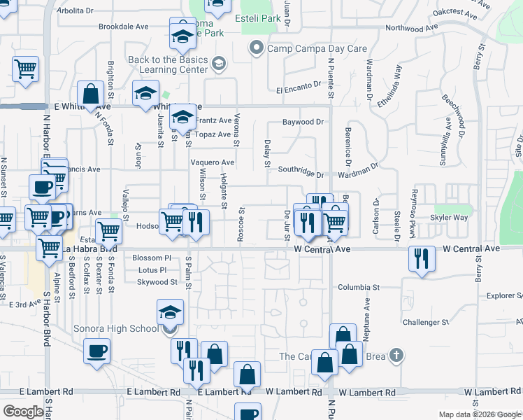 map of restaurants, bars, coffee shops, grocery stores, and more near 1508 McCart Avenue in Brea