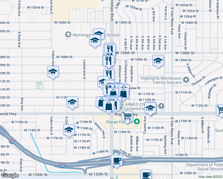 map of restaurants, bars, coffee shops, grocery stores, and more near Crenshaw Boulevard & West 111th Place in Inglewood