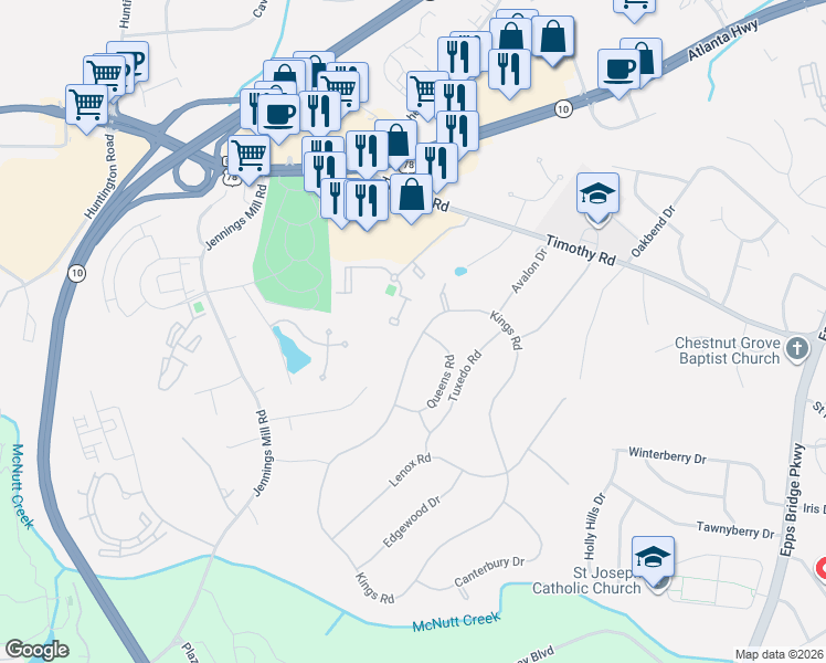 map of restaurants, bars, coffee shops, grocery stores, and more near 190 Kings Road in Athens