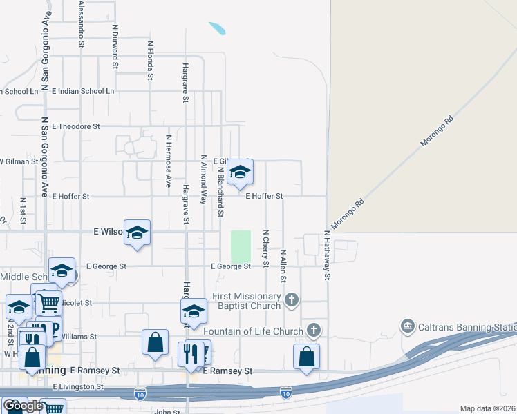 map of restaurants, bars, coffee shops, grocery stores, and more near 1211 East Hoffer Street in Banning