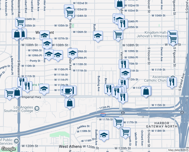 map of restaurants, bars, coffee shops, grocery stores, and more near 11126 Van Buren Avenue in Los Angeles