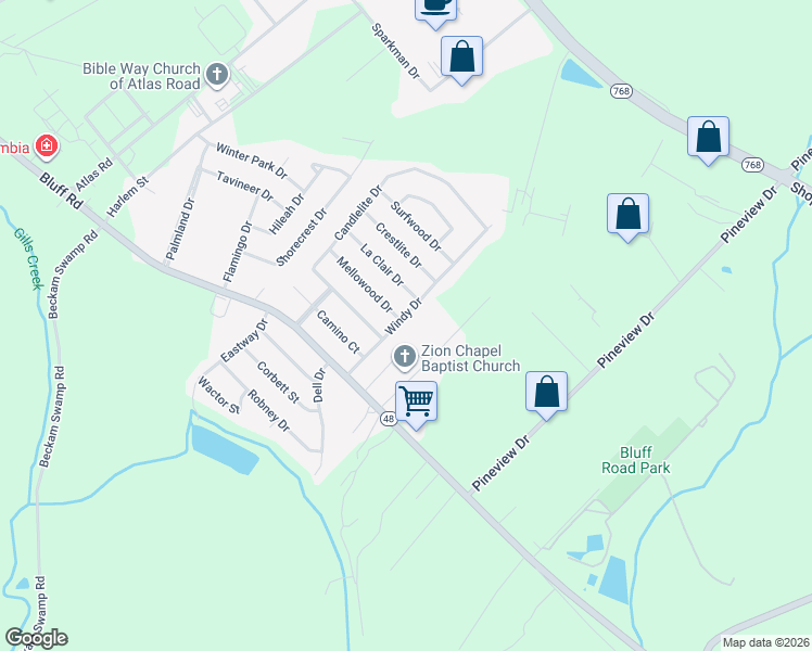 map of restaurants, bars, coffee shops, grocery stores, and more near 4357 Mellowood Drive in Columbia