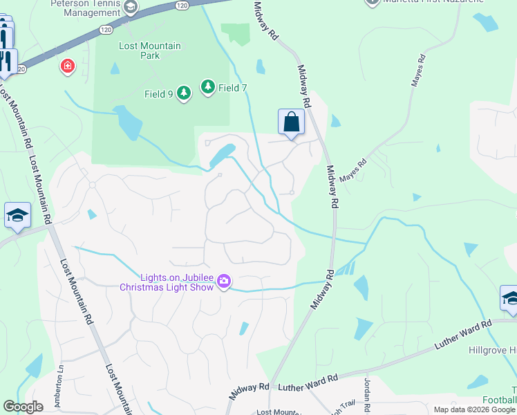 map of restaurants, bars, coffee shops, grocery stores, and more near 4525 Willow Oak Trail in Powder Springs