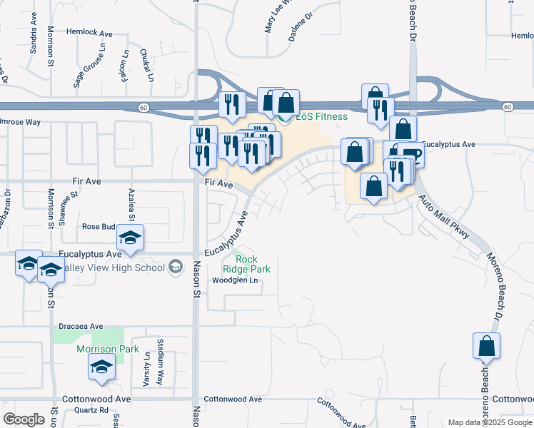 map of restaurants, bars, coffee shops, grocery stores, and more near 12893 Breccia Way in Moreno Valley