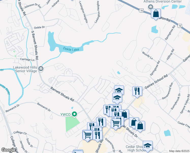 map of restaurants, bars, coffee shops, grocery stores, and more near 142 Park Ridge Court in Athens