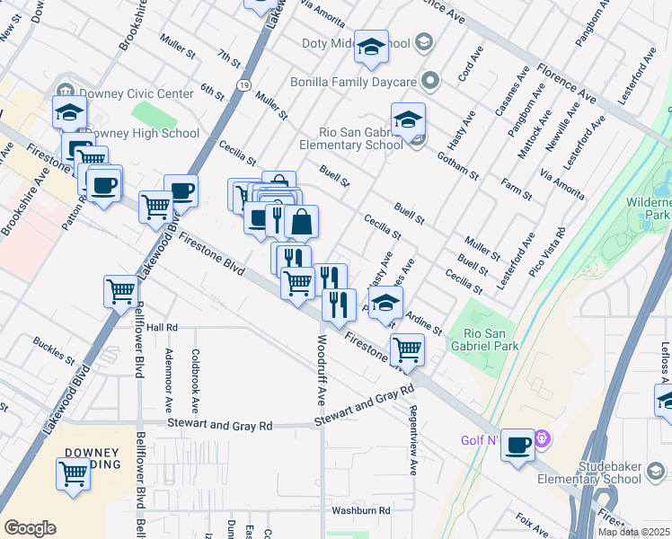 map of restaurants, bars, coffee shops, grocery stores, and more near 11000 Woodruff Avenue in Downey