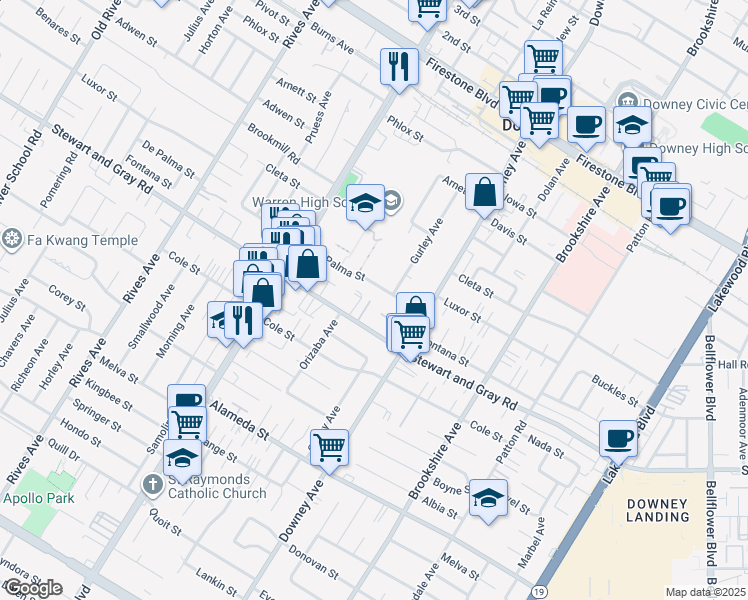 map of restaurants, bars, coffee shops, grocery stores, and more near 11816 La Reina Avenue in Downey