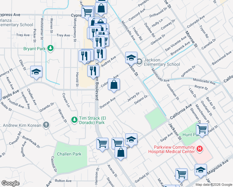 map of restaurants, bars, coffee shops, grocery stores, and more near 9261 Duncan Avenue in Riverside