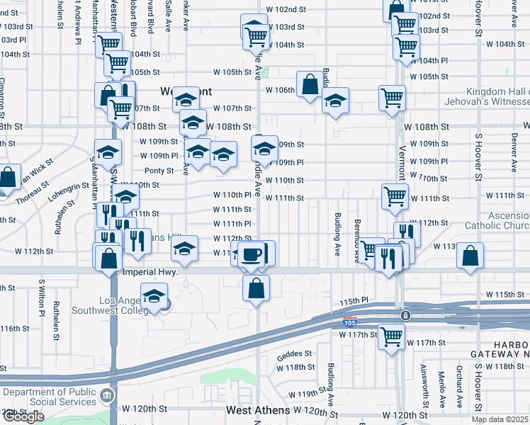 map of restaurants, bars, coffee shops, grocery stores, and more near 1400 West 110th Place in Los Angeles