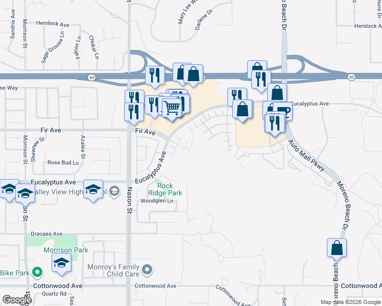 map of restaurants, bars, coffee shops, grocery stores, and more near 12886 Greenstone Way in Moreno Valley