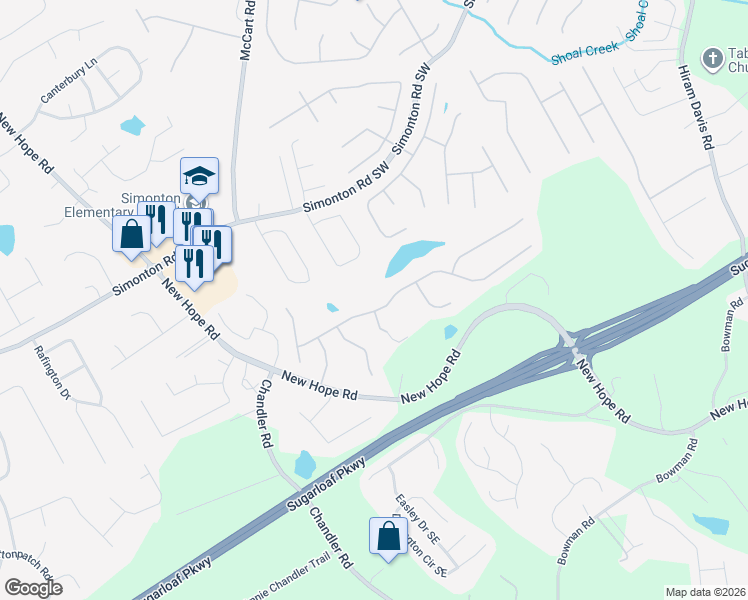 map of restaurants, bars, coffee shops, grocery stores, and more near 418 Savannah Rose Way in Lawrenceville
