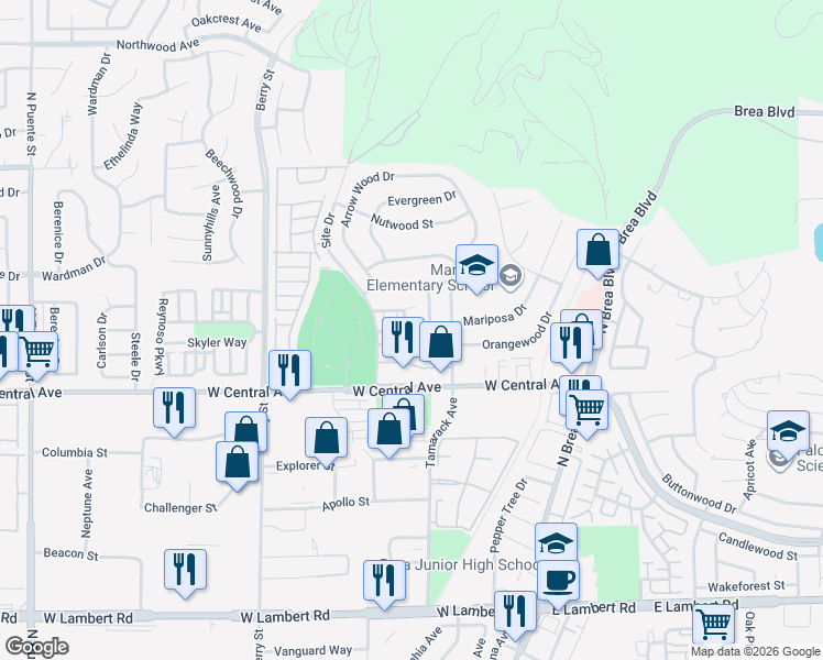 map of restaurants, bars, coffee shops, grocery stores, and more near 355 Catalina Way in Brea