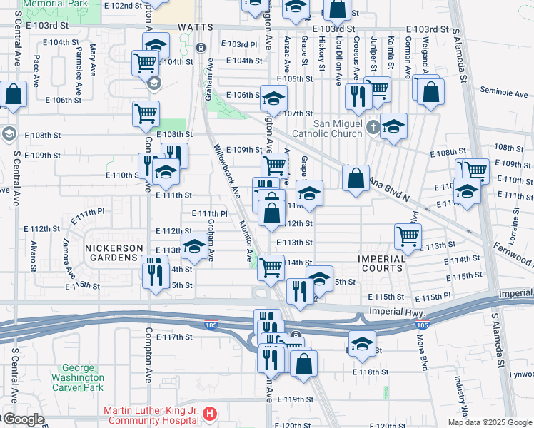 map of restaurants, bars, coffee shops, grocery stores, and more near 11024 Wilmington Avenue in Los Angeles