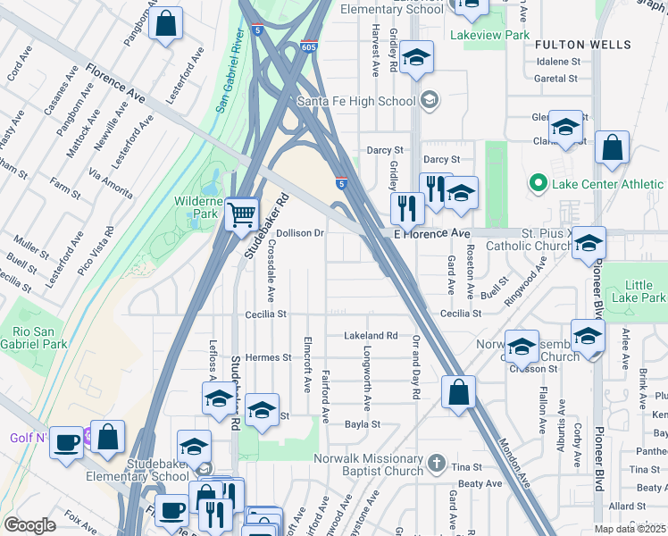 map of restaurants, bars, coffee shops, grocery stores, and more near 11206 Quinn Street in Downey