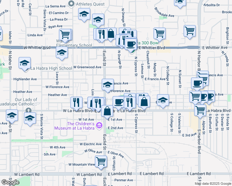 map of restaurants, bars, coffee shops, grocery stores, and more near 139 East Florence Avenue in La Habra