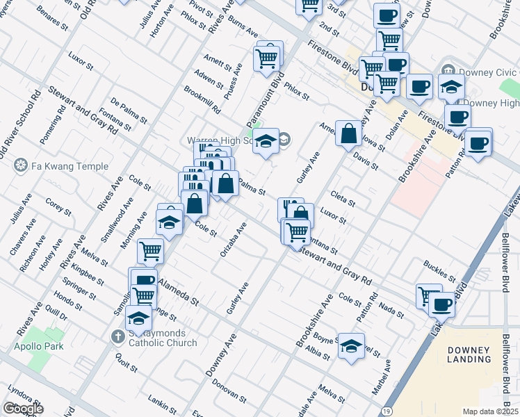 map of restaurants, bars, coffee shops, grocery stores, and more near 8212 De Palma Street in Downey