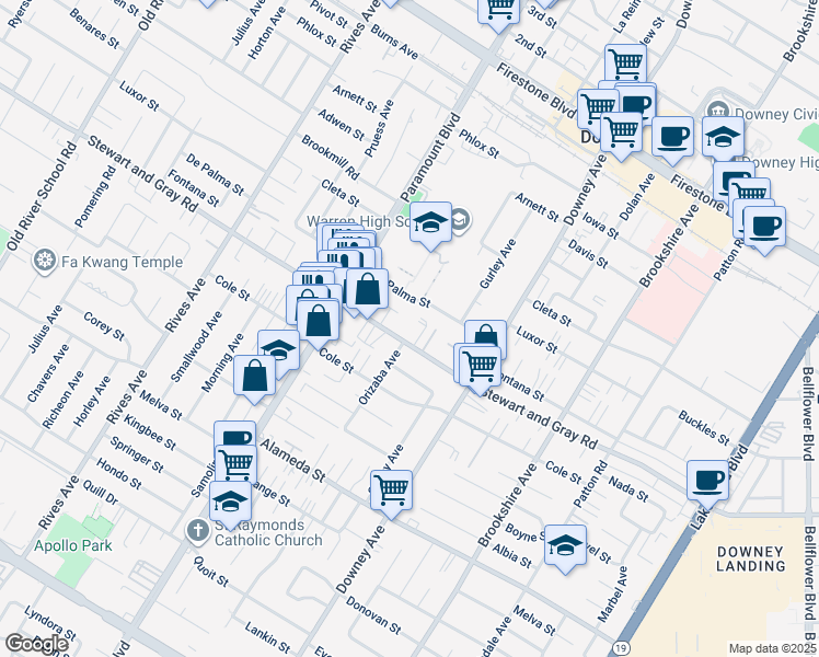 map of restaurants, bars, coffee shops, grocery stores, and more near 8122 De Palma Street in Downey