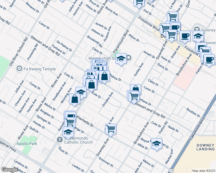 map of restaurants, bars, coffee shops, grocery stores, and more near 8122 De Palma Street in Downey