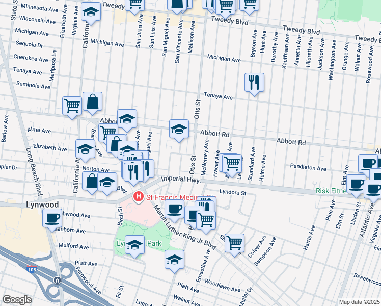 map of restaurants, bars, coffee shops, grocery stores, and more near 10760 Otis Street in Lynwood