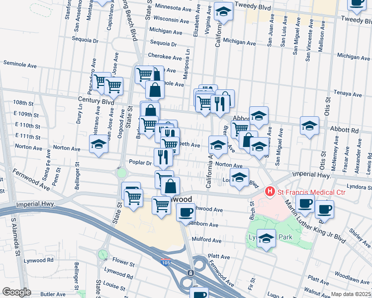 map of restaurants, bars, coffee shops, grocery stores, and more near 3365 Elizabeth Avenue in Lynwood