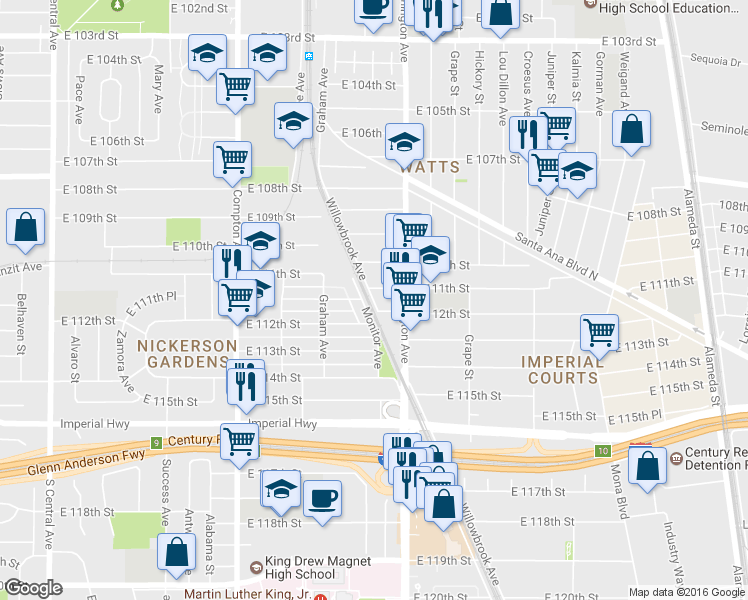 map of restaurants, bars, coffee shops, grocery stores, and more near 11026 Willowbrook Avenue in Los Angeles