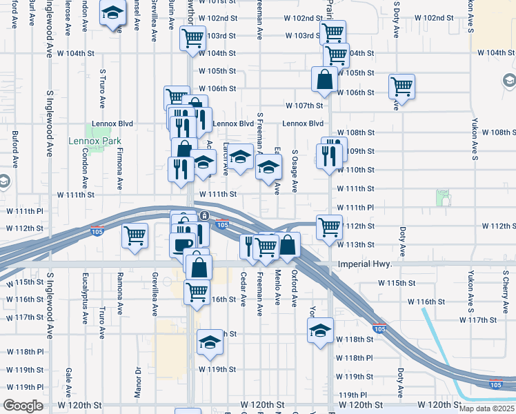 map of restaurants, bars, coffee shops, grocery stores, and more near 11044 South Freeman Avenue in Inglewood