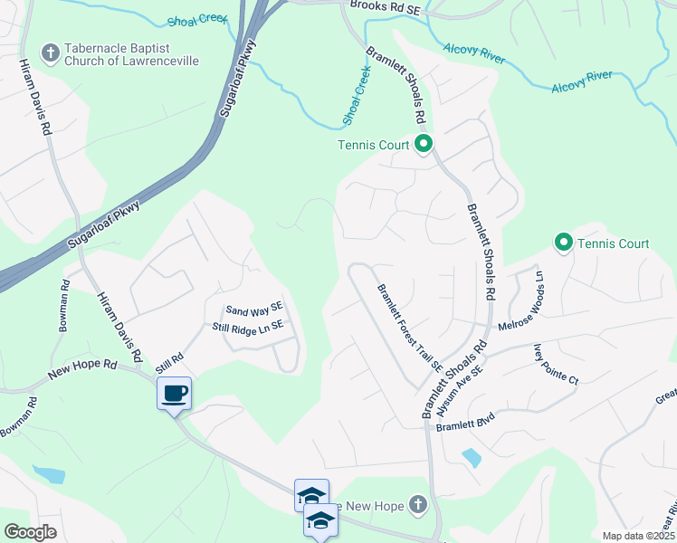map of restaurants, bars, coffee shops, grocery stores, and more near 1405 Bramlett Forest Trail Southeast in Lawrenceville