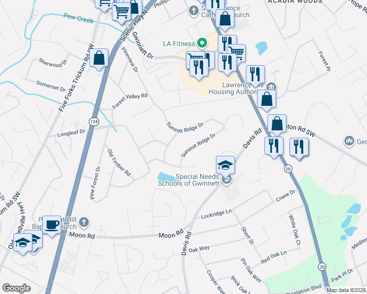 map of restaurants, bars, coffee shops, grocery stores, and more near 313 Summit Ridge Drive in Lawrenceville