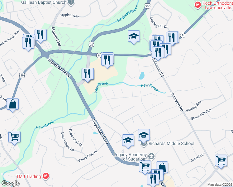 map of restaurants, bars, coffee shops, grocery stores, and more near 142 Grayland Creek Court in Lawrenceville