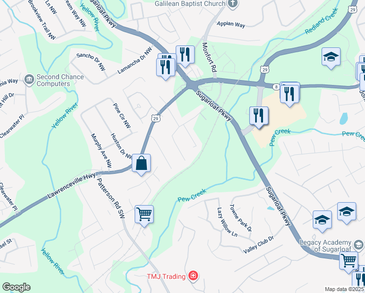 map of restaurants, bars, coffee shops, grocery stores, and more near 98 Caboose Court Northwest in Lawrenceville