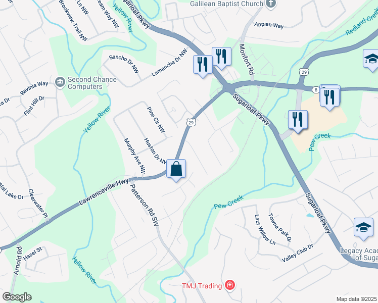 map of restaurants, bars, coffee shops, grocery stores, and more near 142 Davis Mill Court in Lawrenceville
